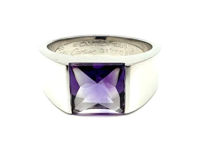 Bague 55 CARTIER. Collection "Tank", bague or blanc et améthyste 58 Facettes