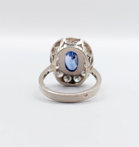 Pompadour-ring Art Deco i 18k hvidguld, syntetisk safir og diamanter 