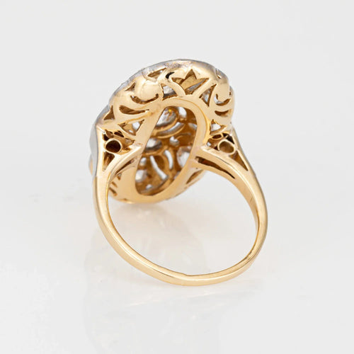 Bague Bague de cocktail édouardienne antique en or 18 carats et platine avec diamant de 1 ct Taille 5 Ovale 58 Facettes G9099