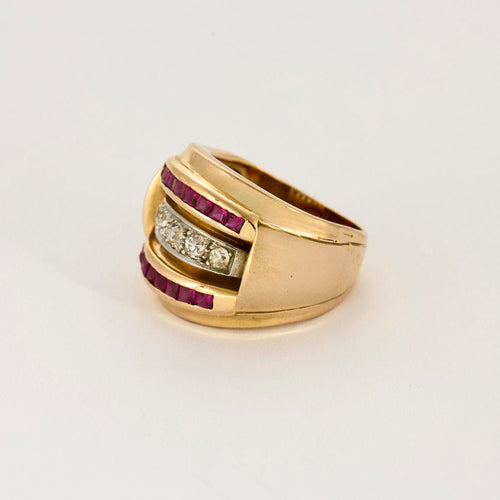 Bague 58 Bague tank or jaune, rubis et diamants 58 Facettes CHA5417