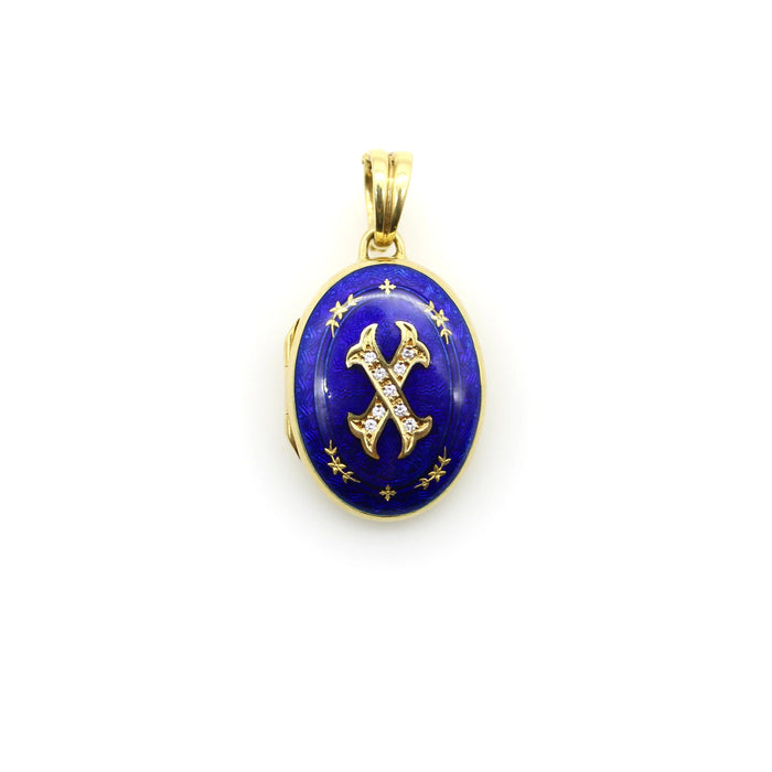 Gouden diamanten guilloche emaille medaillon Fabergé
