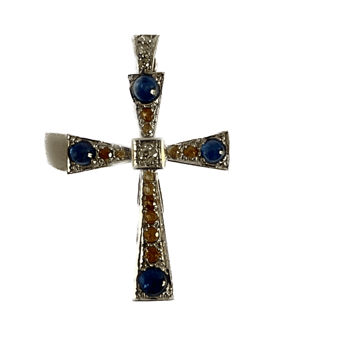 Pendentif Croix en pendentif or blanc diamants et saphirs 58 Facettes