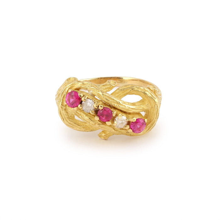 Bague 56 Bague Vintage Branchages Diamants Pierres Rouges Or Jaune 18 Carats 58 Facettes B374