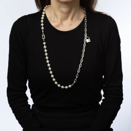 Tiffany & Co HardWear Pearl Lock Necklace Sterling Silver Long 32" Signed 58 Facettes G13686