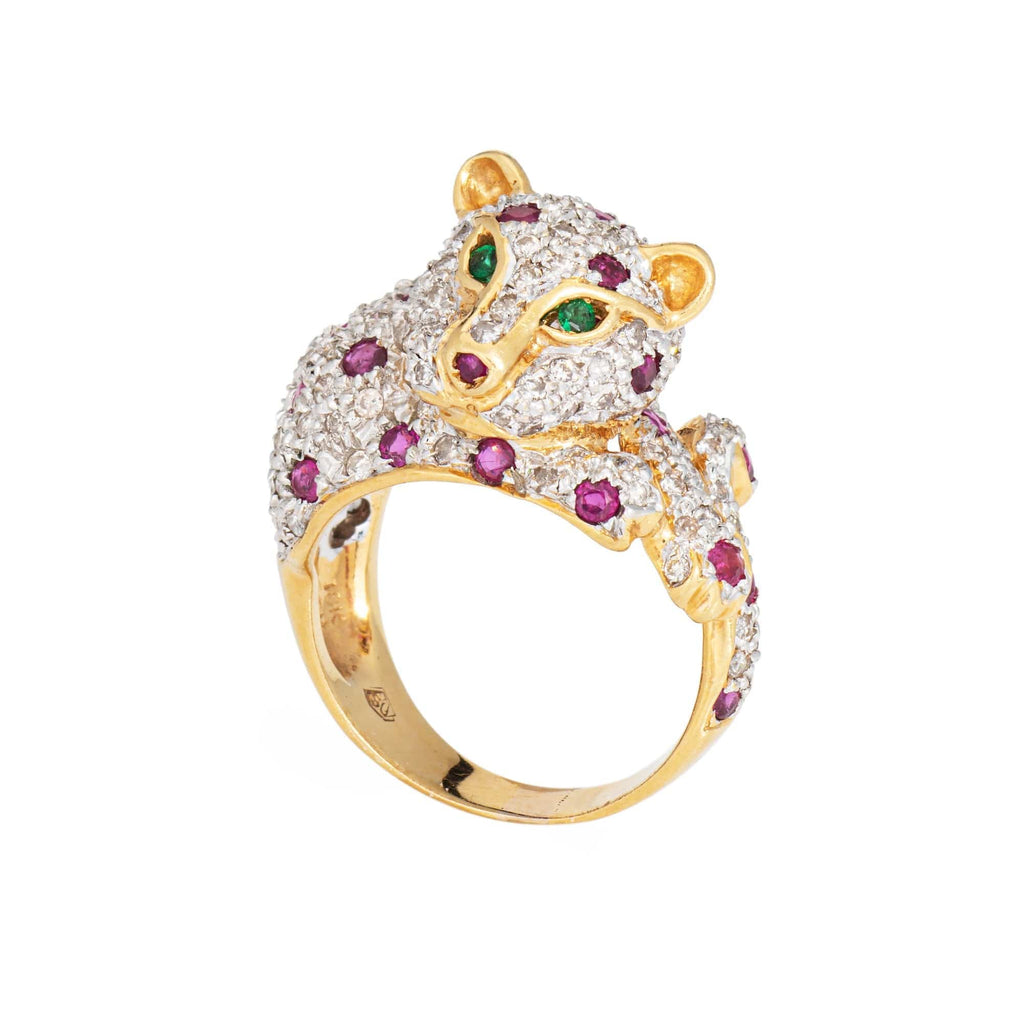 Gult gull, diamant, rubin, smaragd leopard vintage ring - 9707146608969 -  58 Facettes, image size:1024x1023