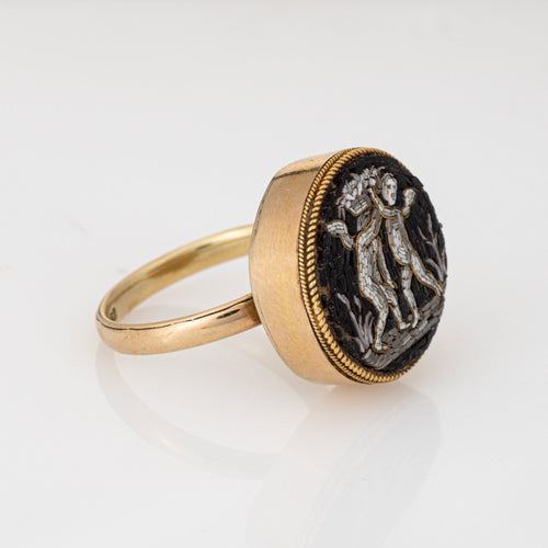 Starožitný viktoriánský prsten ze žlutého zlata s mikromozaikou 