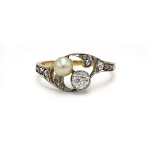 Bague 53 Bague art nouveau, Toi et moi, or 750, diamants et perle 58 Facettes 1292