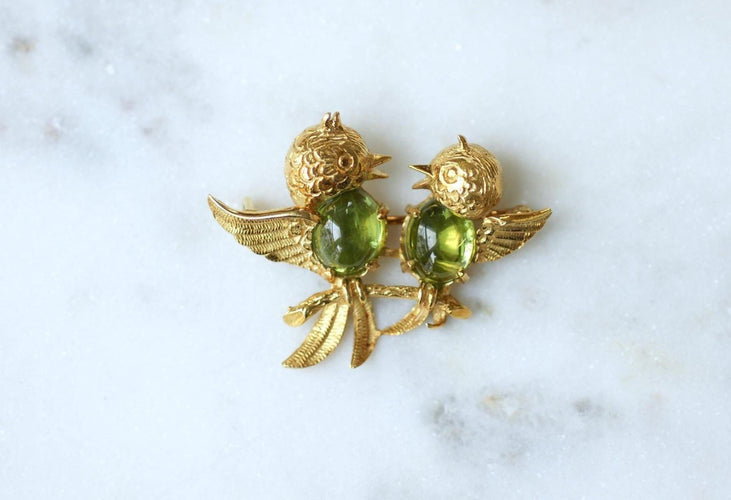 Broche Fugle i gult guld, peridoter - 60'erne 
