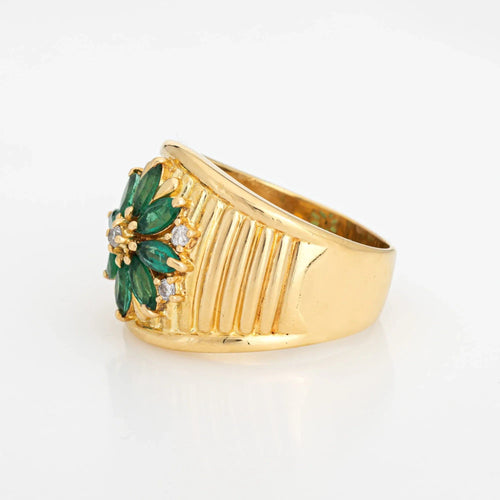 Bague Emerald Diamond Cigar Ring Vintage 18k Yellow Gold Sz 9 Band Flower Jewelry 58 Facettes G13496