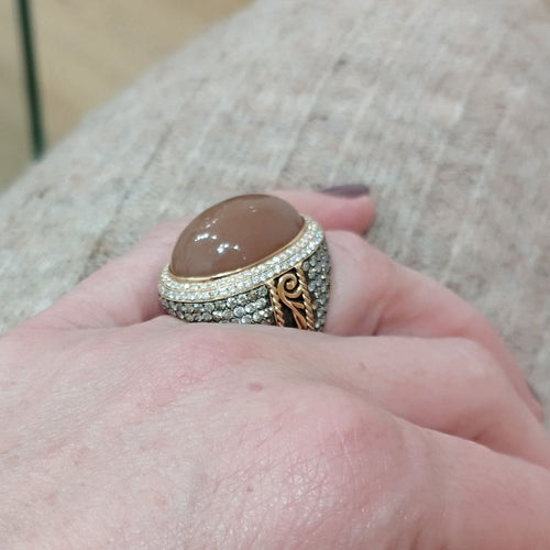 Bague 56 Chevalière or rose aventurine diamants 58 Facettes