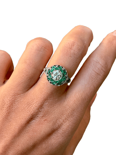 Bague 55 Bague de style Art déco en platine avec diamants et émeraudes 58 Facettes