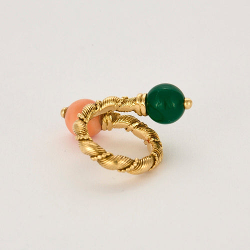 Bague 46 Bague toi et moi or jaune, chrysoprase et corail 58 Facettes RAM28449