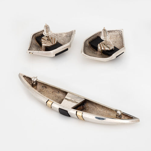 CARTIER - Schmuckset Vintage-Ohrringe Brosche 70er Jahre aus Gelbgold, silber und Onyx 