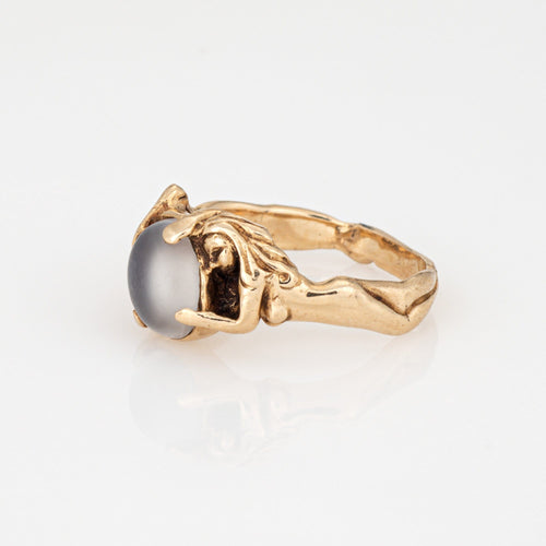 Antique Art Nouveau Moonstone Ring Sz 4.75 Nude Figural Vintage 14k Yellow Gold 58 Facettes G14162