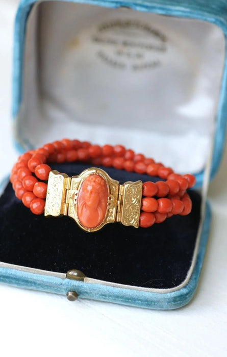 Antique yellow gold and coral bracelet, cameo