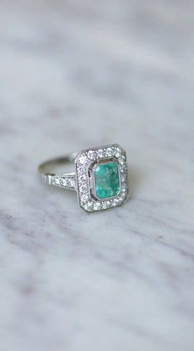 Bague 56 Bague Émeraude Colombienne 2.00 Cts et Diamants Style Art Déco 58 Facettes