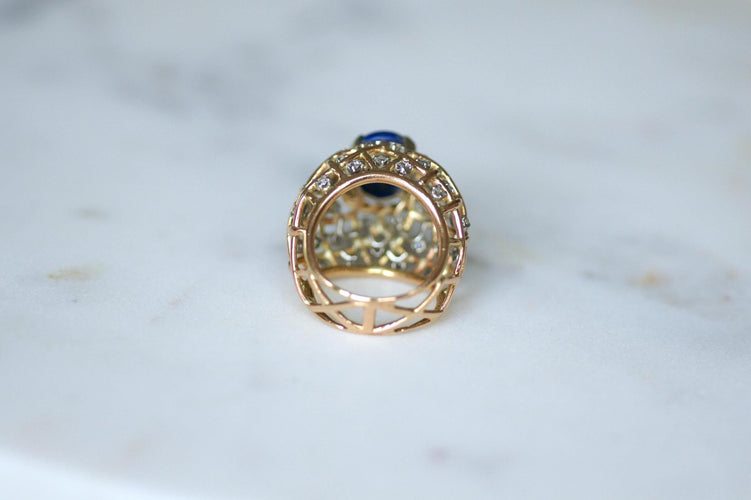 Bague 52 Bague Cocktail rétro or jaune, Lapis Lazuli et Diamants 58 Facettes
