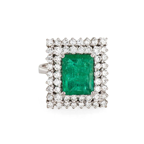 Bague 55 Bague de cocktail carrée en or blanc 18 carats avec diamants et émeraude 58 Facettes G13724