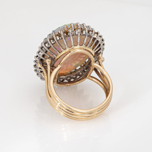 Bague Bague vintage en or jaune 14 carats avec opale et diamants, taille 5,5, ovale, bijou de cocktail 58 Facettes G13942