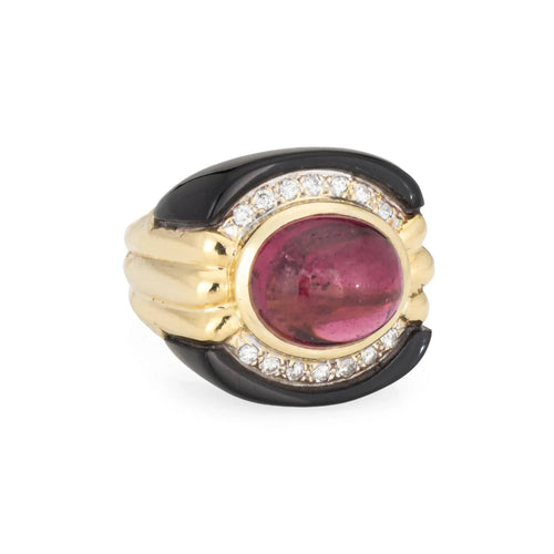 Bague Bague en or 18 carats vintage avec diamants et tourmaline rose et onyx des années 80, taille 7,5 58 Facettes G13596