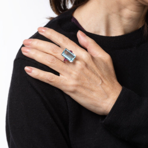 12ct Aquamarine Ruby Ring Platinum Sz 7.25 Cocktail Emerald Cut Fine Jewelry 58 Facettes G13868