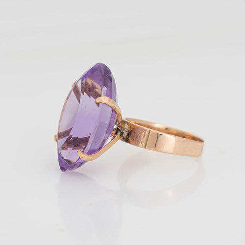 Bague Bague vintage des années 60 en améthyste 17,50 ct en or rose 18 carats, bijoux de cocktail marquise, taille 6,5 58 Facettes G13498