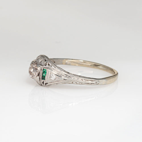 Bague 56 Bague Art déco vintage en or blanc 14 carats avec diamants et émeraude 58 Facettes G13877