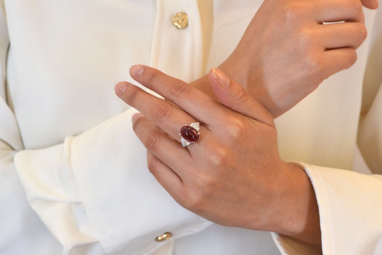 Bague 53 Bague Or blanc Tourmaline cabochon Diamants 58 Facettes 25428 25449