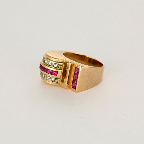 Bague 54 Bague Tank or jaune et gris, rubis et diamants 58 Facettes MEA4439