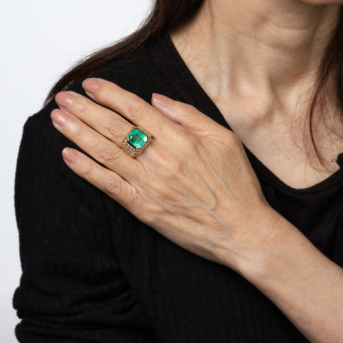 Bague 49 Bague vintage des années 80 avec diamants et émeraude naturelle de Colombie de 6,05 ct 58 Facettes G14081