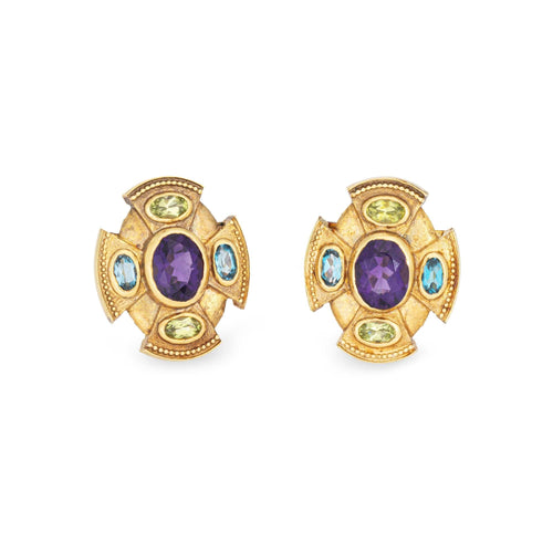 Boucles d'oreilles Boucles d'oreilles en pierres précieuses arc-en-ciel, bijoux vintage en or jaune de style étrusque 58 Facettes G14060