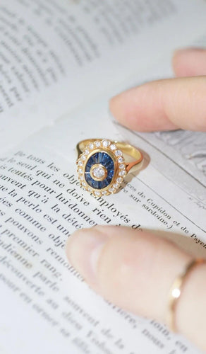 Bague 53 Bague Ovale Style Art Déco or jaune diamants saphirs 58 Facettes