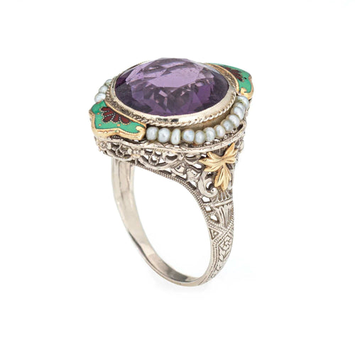 Bague Bague Art Déco Vintage Améthyste Cocktail Émail Or 14 carats Filigrane Bijoux Taille 8 58 Facettes G13492
