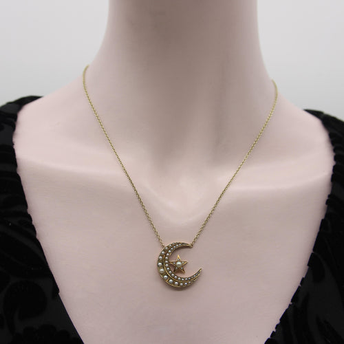Collier Pendentif victorien en or 14 carats avec croissant de lune et étoile et chaîne en or 9 carats 58 Facettes A2004I