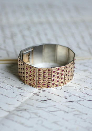 Bracelet Bracelet Ruban Art Déco, Rubis sur Or Rose et Argent 58 Facettes