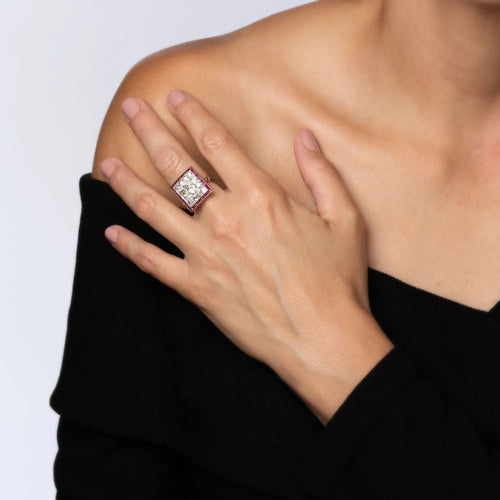 Bague 54 Bague Art Déco en or jaune 14 carats avec diamants et rubis de 2,50 ct, taille carrée, taille 6,75 58 Facettes G13553