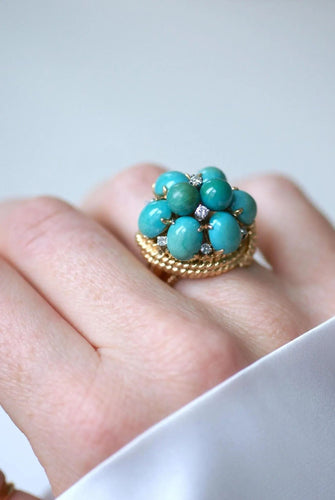 Bague 54 Bague Cocktail or jaune turquoises diamants 58 Facettes