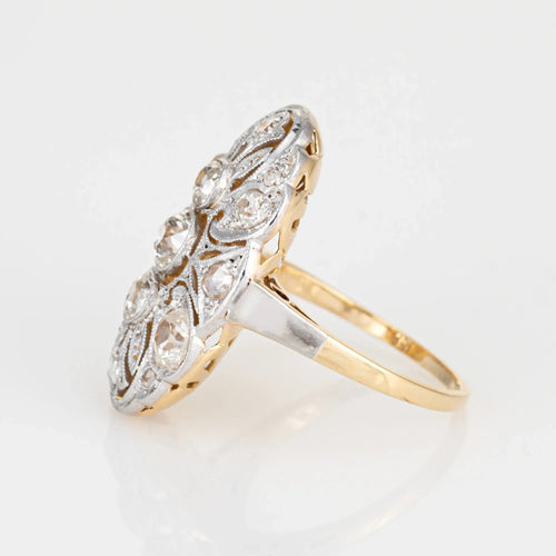 Bague Bague de cocktail édouardienne antique en or 18 carats et platine avec diamant de 1 ct Taille 5 Ovale 58 Facettes G9099