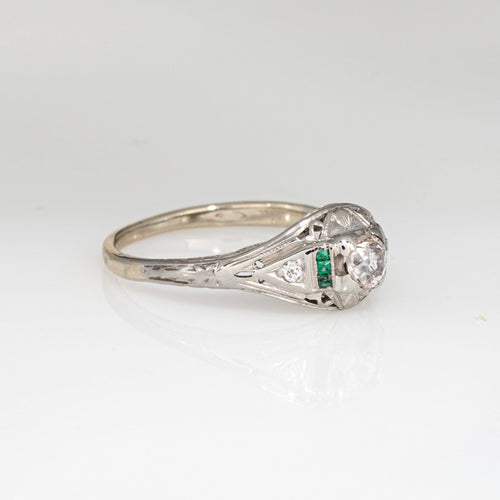 Bague 56 Bague Art déco vintage en or blanc 14 carats avec diamants et émeraude 58 Facettes G13877