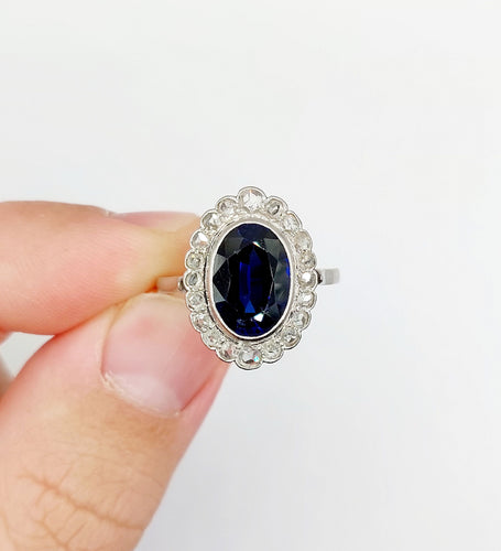 Bague 56.5 Bague marguerite antique, Platine, saphir synthétique et diamants taille roses (circa 1910) pompadour 58 Facettes A05897