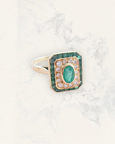 Bague Bague octogonale or jaune, émeraudes, diamants 58 Facettes AA 1686