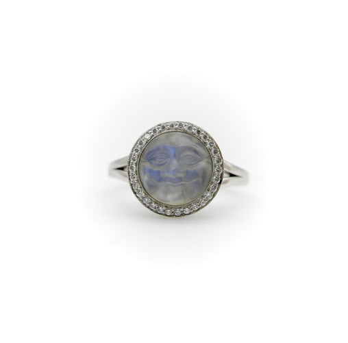 Měsíční prsten ze zlata, vyřezávaný měsíční kámen, 50. léta, s diamanty