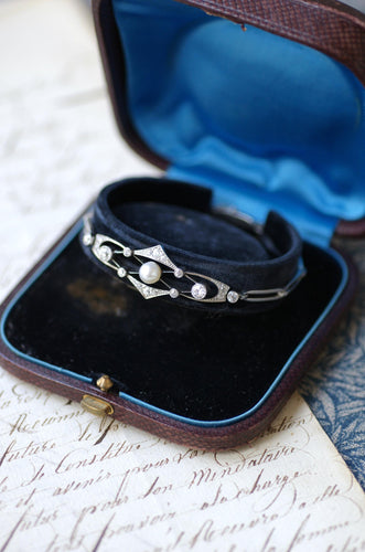 Bracelet Bracelet Art Deco Perle Fine et Diamants sur Platine 58 Facettes