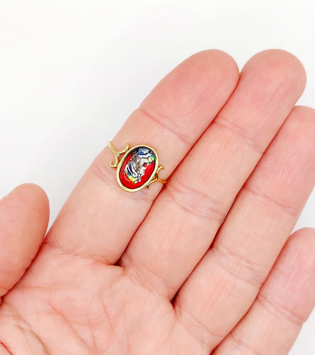 Bague 57 Bague Art Nouveau Limoges or jaune, plaque émaillée à la jeune fille (circa 1910) 58 Facettes A06342