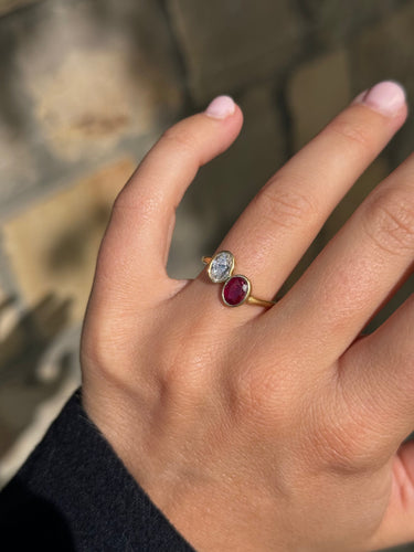 Toi & Moi yellow gold diamond and ruby ring 