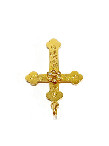 Pendentif Croix or rose et perles 58 Facettes