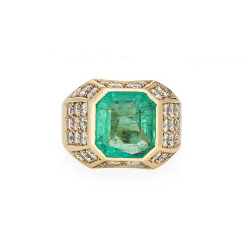Bague 49 Bague vintage des années 80 avec diamants et émeraude naturelle de Colombie de 6,05 ct 58 Facettes G14081