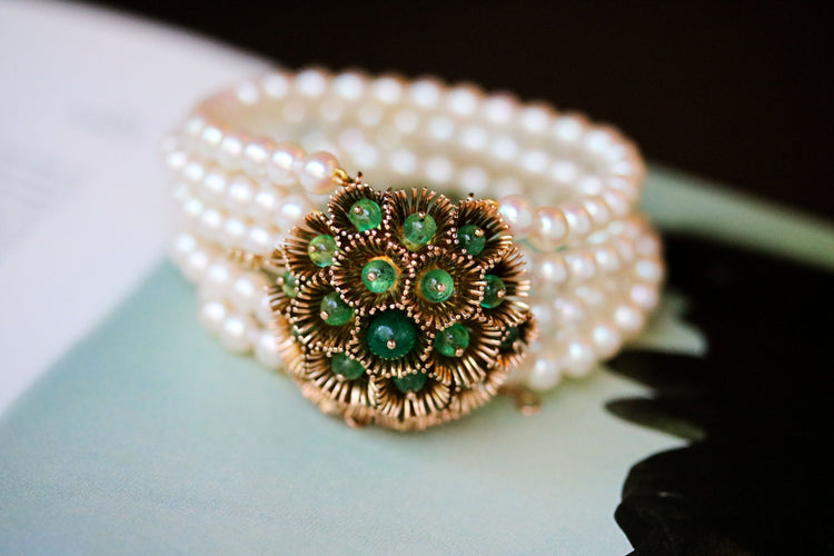 Bracelet Bracelet 5 Rangs Perles de culture et Perles d'Emeraude avec Fermoir broche 58 Facettes A11365