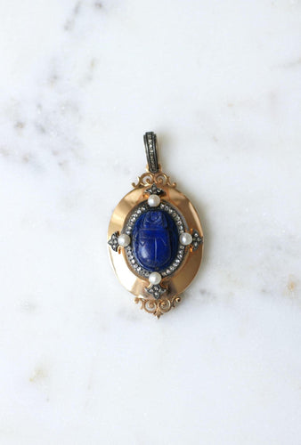 Pendentif Médaillon Ancien Scarabée Lapis Lazuli Diamants et Perles 58 Facettes