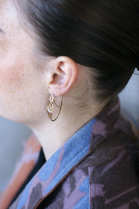 Poissardes heart and flower enamel earrings on pink and yellow gold